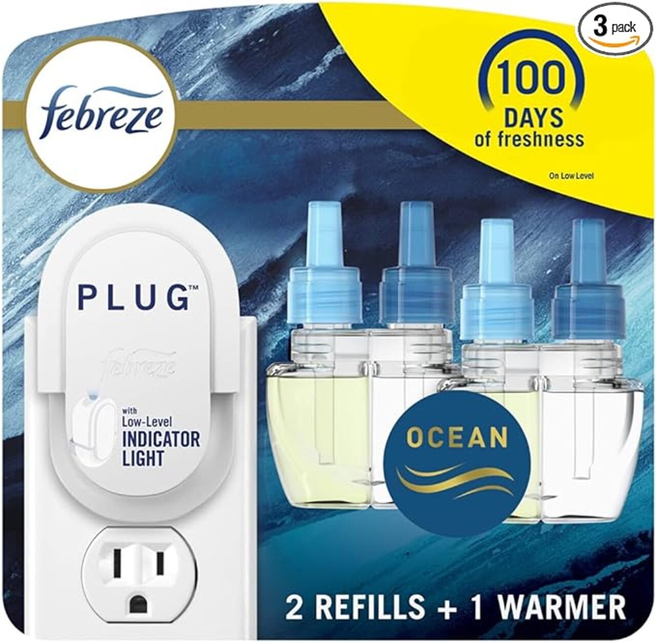 Febreze® - Plug in Air Fresheners for home, Air Freshener Plug In, Wall Diffuser, Ocean Scent, Odor Fighter for Strong Odors, 1 Warmer + 2 Oil Refills